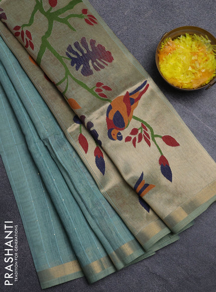 Art linen saree teal green with allover sequence work and paithani weaving pallu