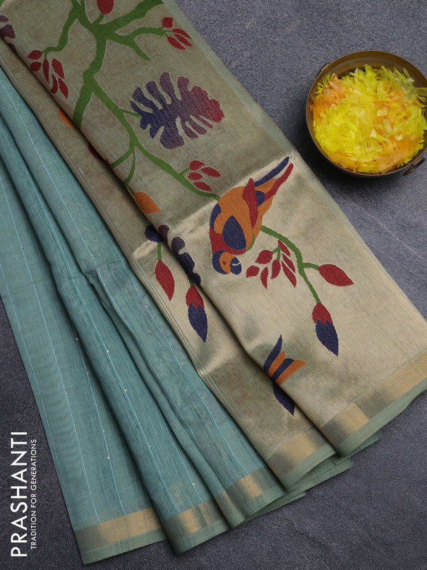 Art linen saree teal green with allover sequence work and paithani weaving pallu