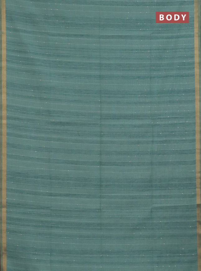 Art linen saree teal green with allover sequence work and paithani weaving pallu