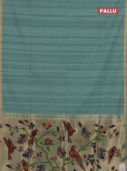 Art linen saree teal green with allover sequence work and paithani weaving pallu