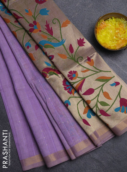 Art linen saree lavender with allover sequence work and paithani weaving pallu