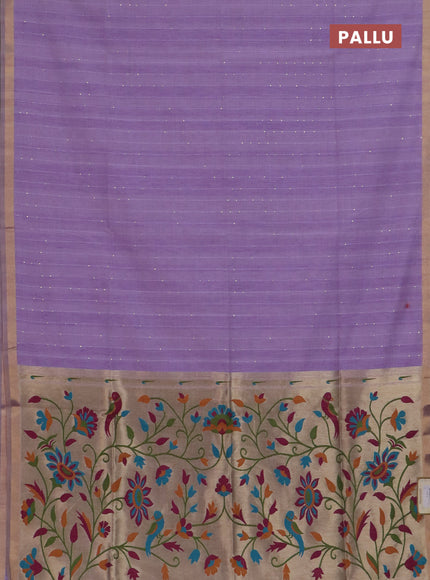 Art linen saree lavender with allover sequence work and paithani weaving pallu