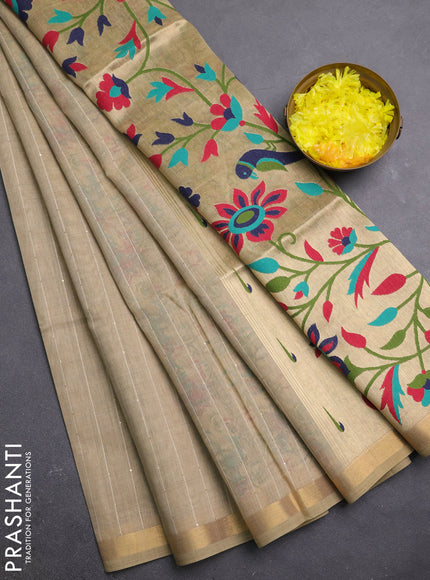 Art linen saree beige with allover sequence work and paithani weaving pallu