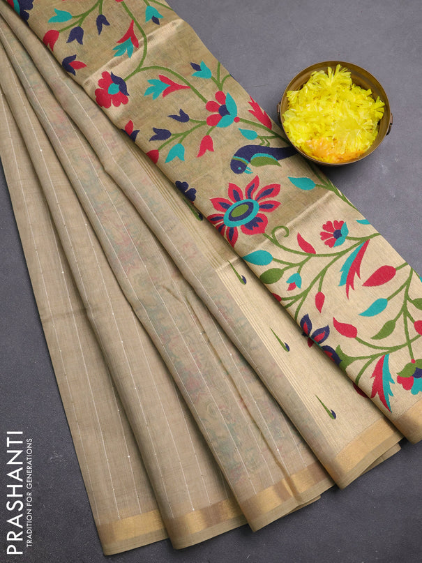 Art linen saree beige with allover sequence work and paithani weaving pallu