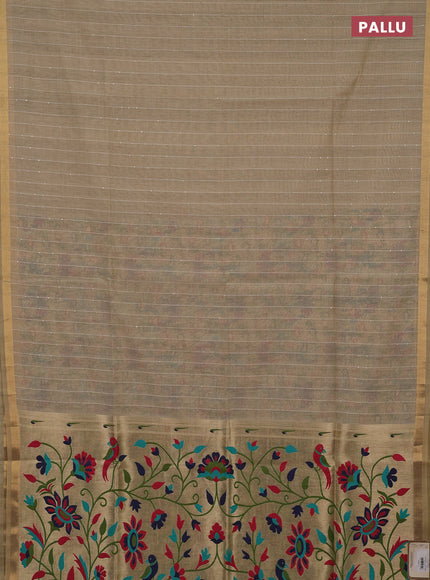 Art linen saree beige with allover sequence work and paithani weaving pallu