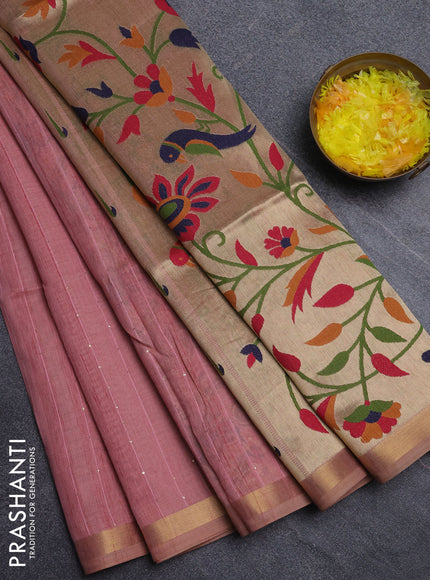 Art linen saree peach pink with allover sequence work and paithani weaving pallu