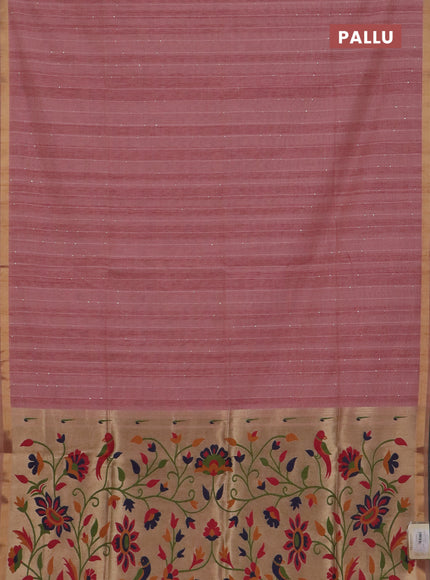 Art linen saree peach pink with allover sequence work and paithani weaving pallu