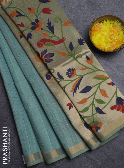 Art linen saree teal green with allover sequence work and paithani weaving pallu