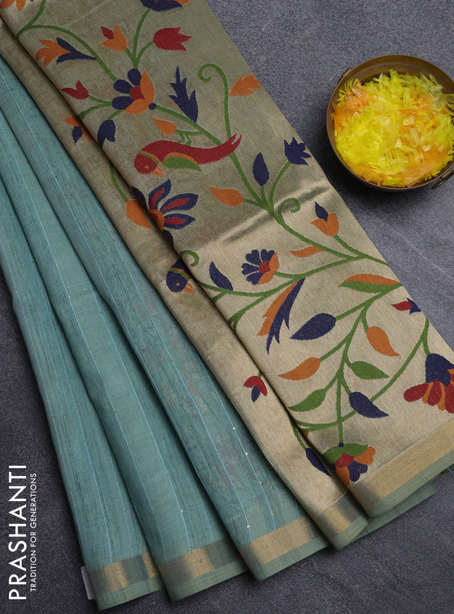 Art linen saree teal green with allover sequence work and paithani weaving pallu