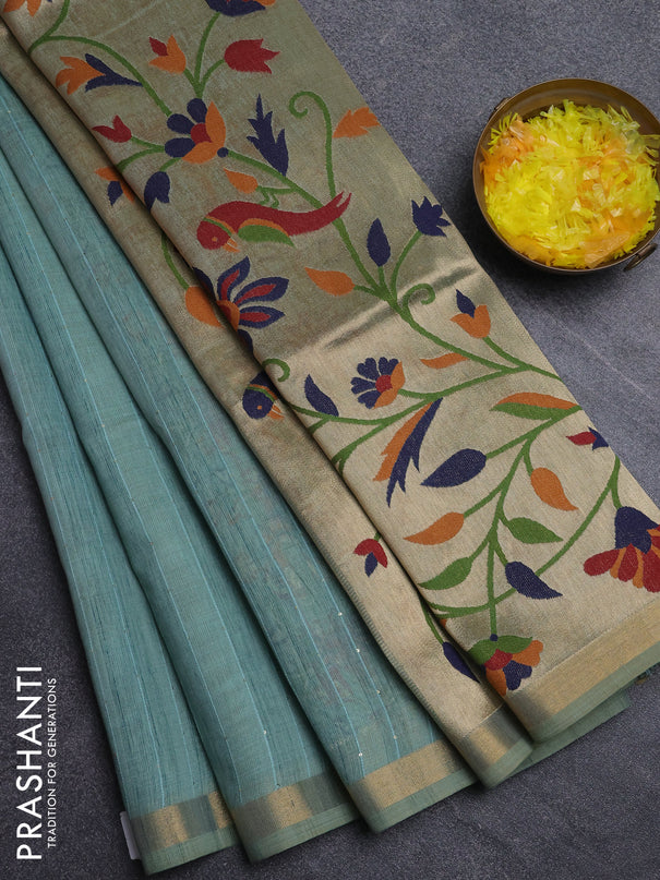 Art linen saree teal green with allover sequence work and paithani weaving pallu