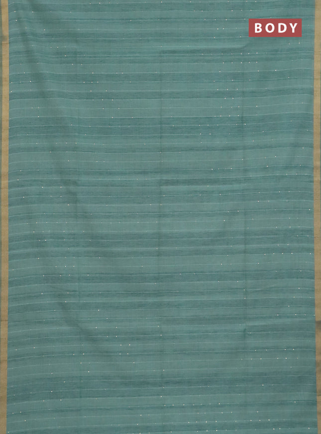Art linen saree teal green with allover sequence work and paithani weaving pallu