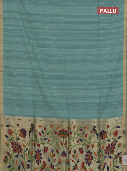 Art linen saree teal green with allover sequence work and paithani weaving pallu