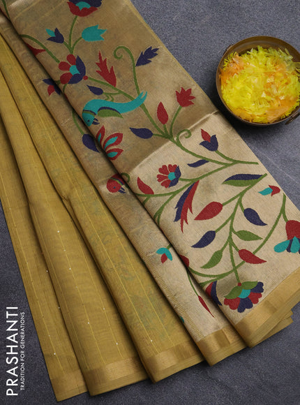Art linen saree mustard yellow with allover sequence work and paithani weaving pallu