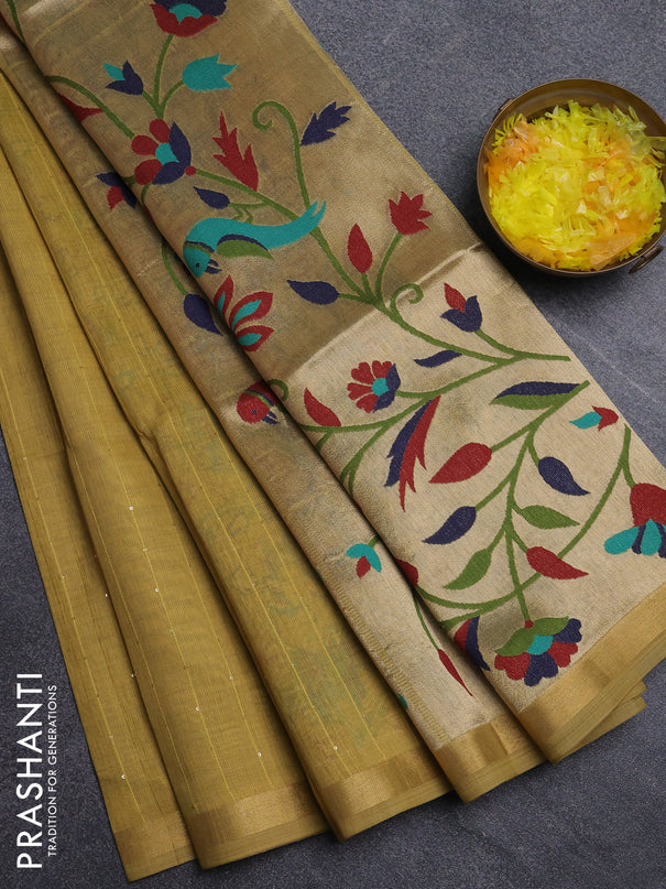 Art linen saree mustard yellow with allover sequence work and paithani weaving pallu