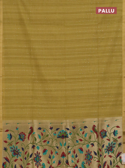 Art linen saree mustard yellow with allover sequence work and paithani weaving pallu