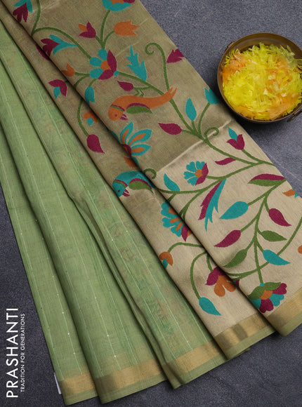 Art linen saree pista green with allover sequence work and paithani weaving pallu