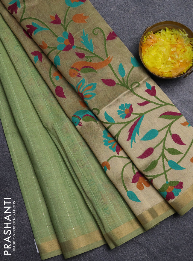 Art linen saree pista green with allover sequence work and paithani weaving pallu