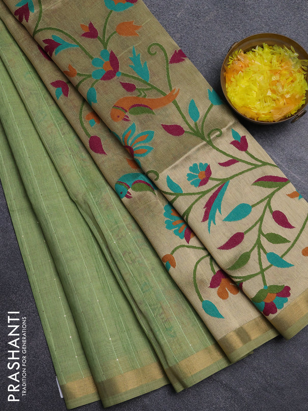 Art linen saree pista green with allover sequence work and paithani weaving pallu