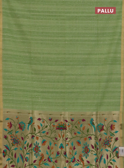 Art linen saree pista green with allover sequence work and paithani weaving pallu