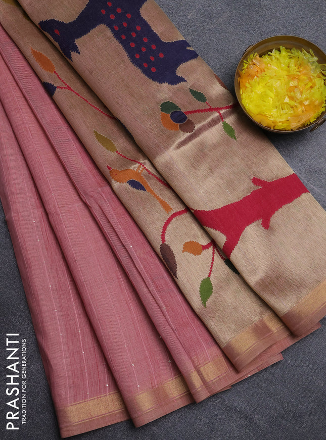 Art linen saree peach pink with allover sequence work and paithani weaving pallu