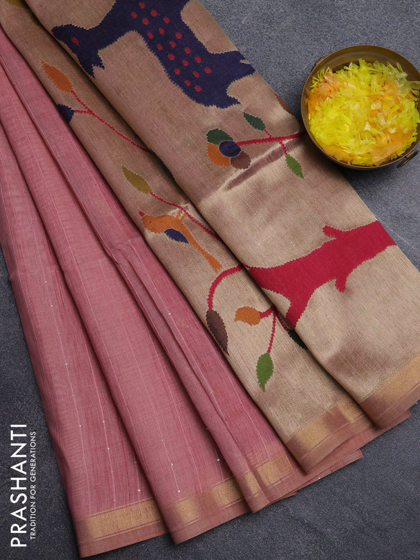 Art linen saree peach pink with allover sequence work and paithani weaving pallu