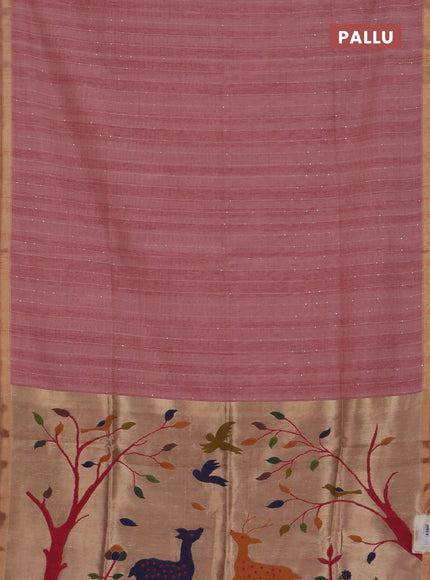 Art linen saree peach pink with allover sequence work and paithani weaving pallu