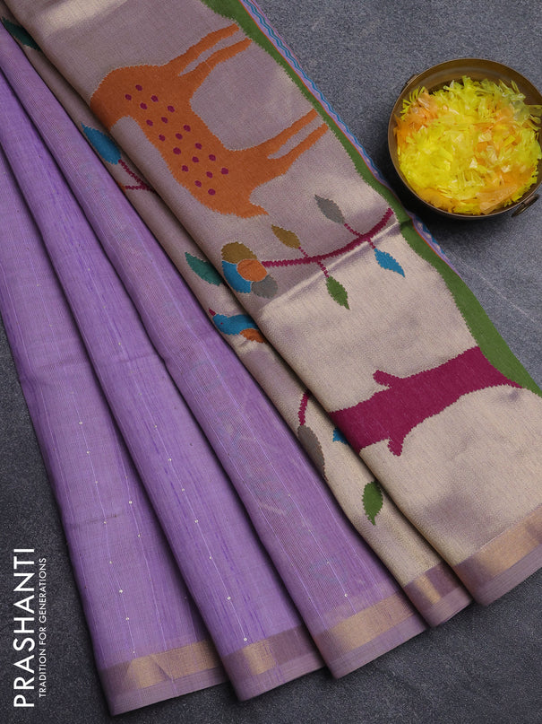 Art linen saree lavender with allover sequence work and paithani weaving pallu