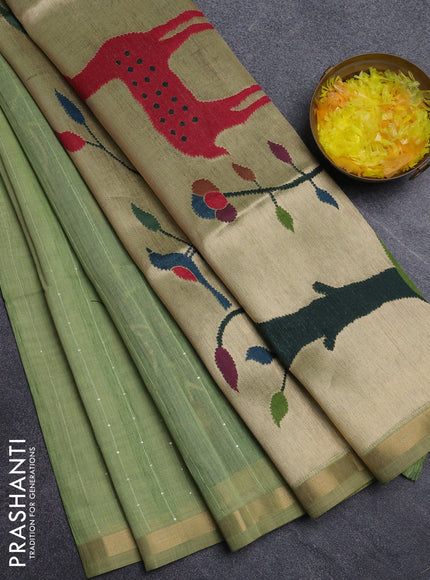 Art linen saree pista green with allover sequence work and paithani weaving pallu