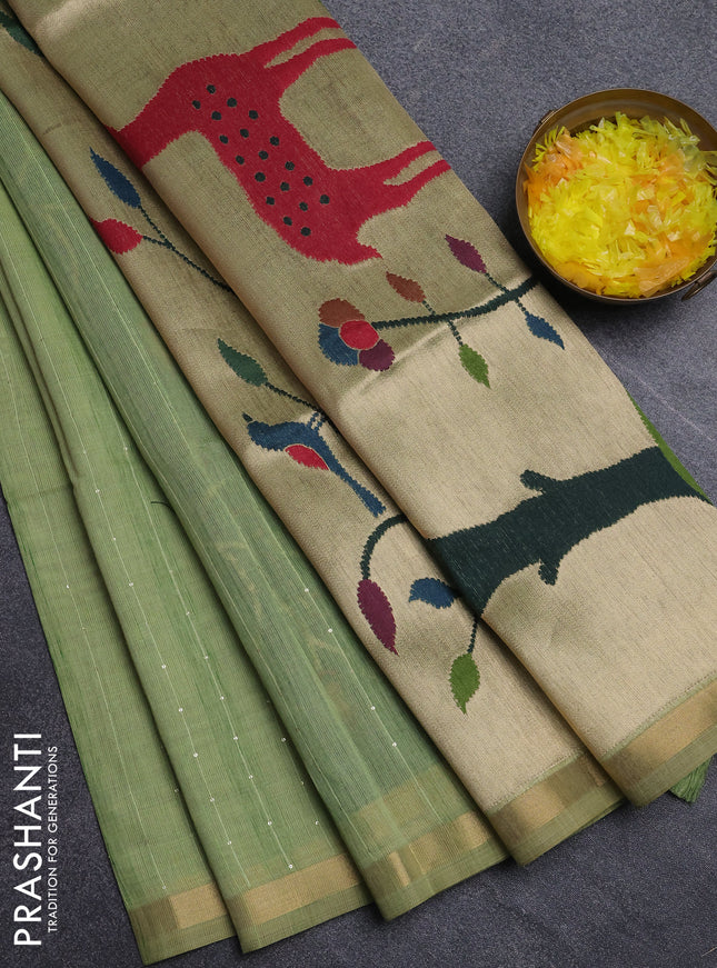 Art linen saree pista green with allover sequence work and paithani weaving pallu