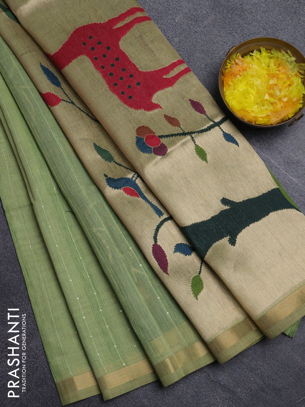 Art linen saree pista green with allover sequence work and paithani weaving pallu