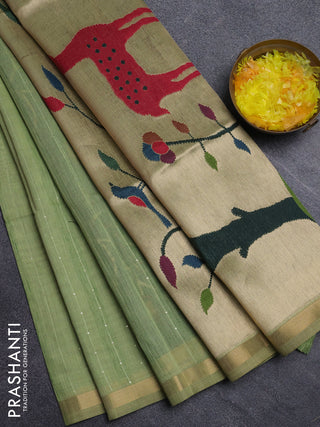Art linen saree pista green with allover sequence work and paithani weaving pallu