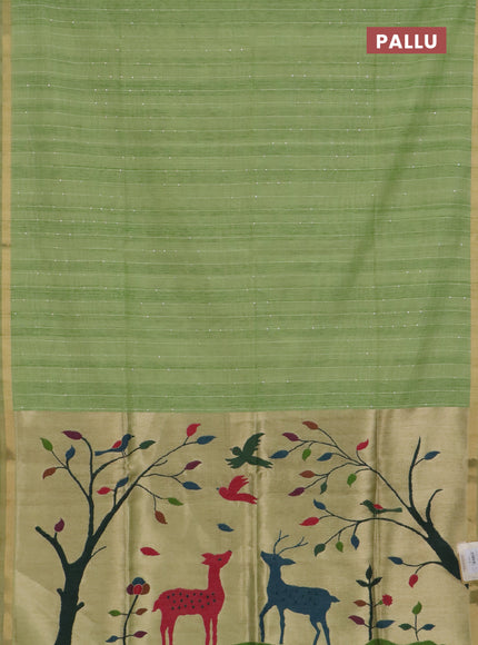 Art linen saree pista green with allover sequence work and paithani weaving pallu