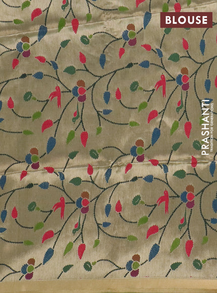 Art linen saree pista green with allover sequence work and paithani weaving pallu