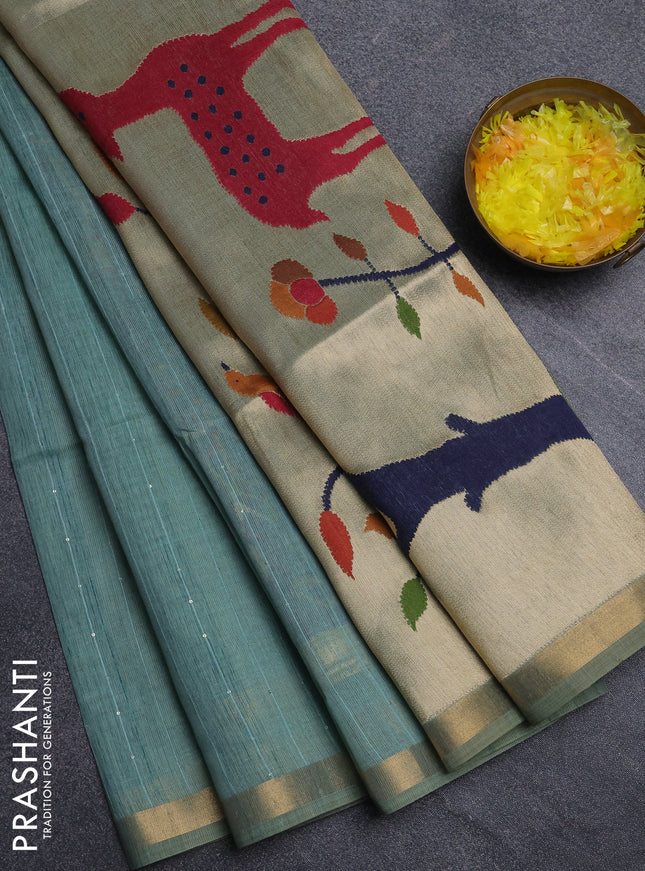 Art linen saree teal green with allover sequence work and paithani weaving pallu