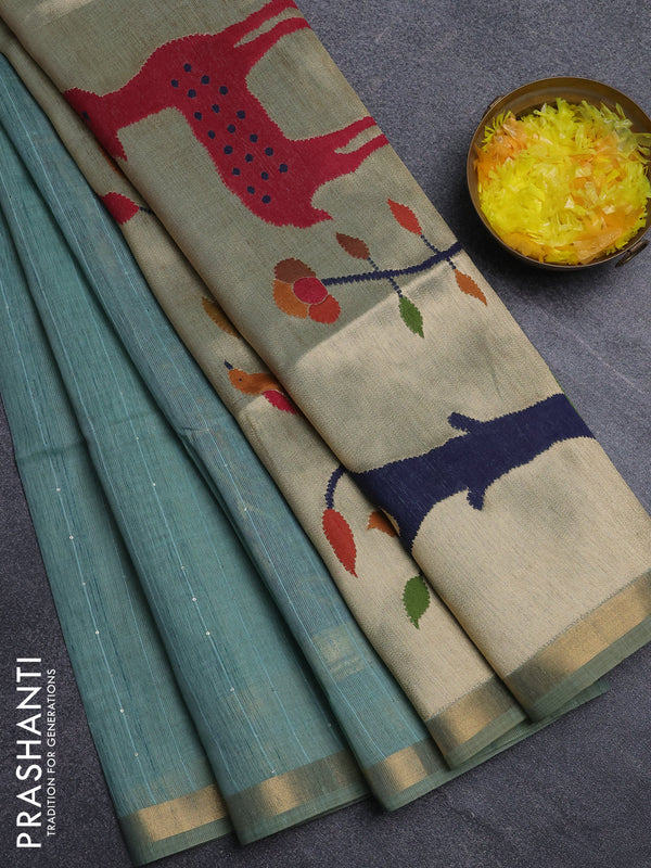 Art linen saree teal green with allover sequence work and paithani weaving pallu
