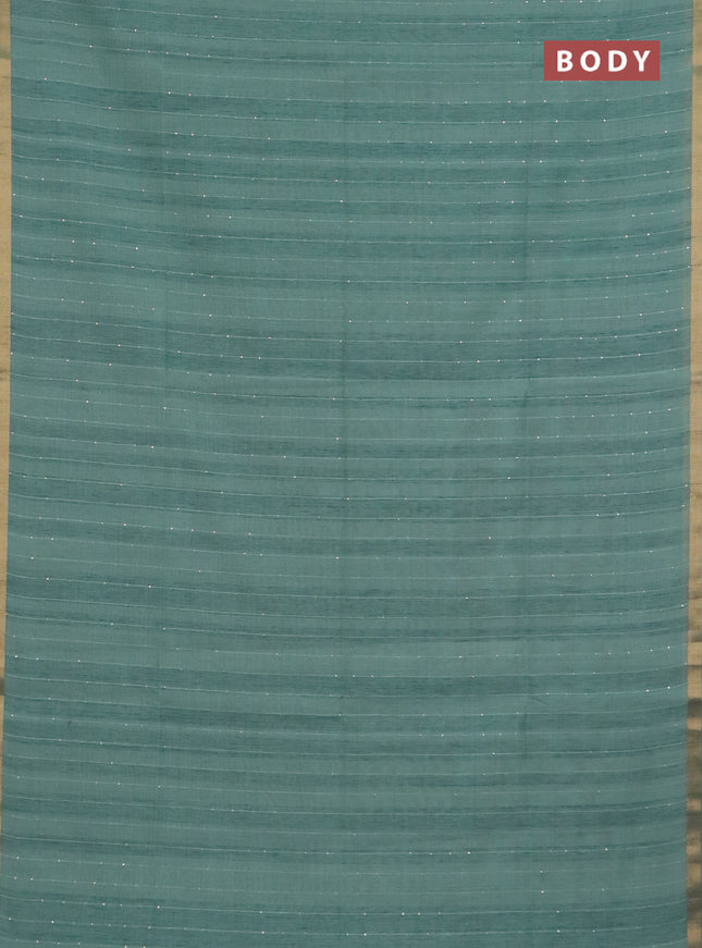 Art linen saree teal green with allover sequence work and paithani weaving pallu
