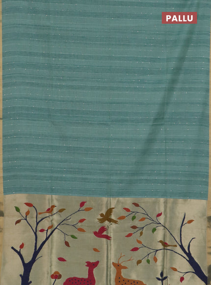 Art linen saree teal green with allover sequence work and paithani weaving pallu