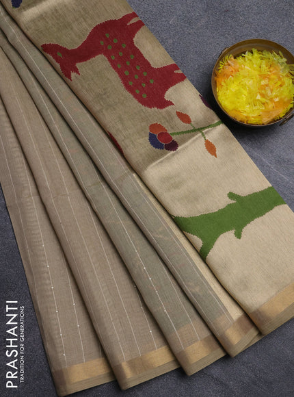 Art linen saree beige with allover sequence work and paithani weaving pallu