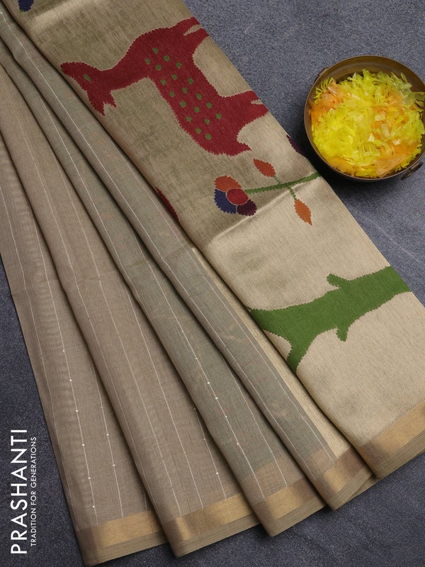 Art linen saree beige with allover sequence work and paithani weaving pallu