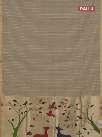 Art linen saree beige with allover sequence work and paithani weaving pallu