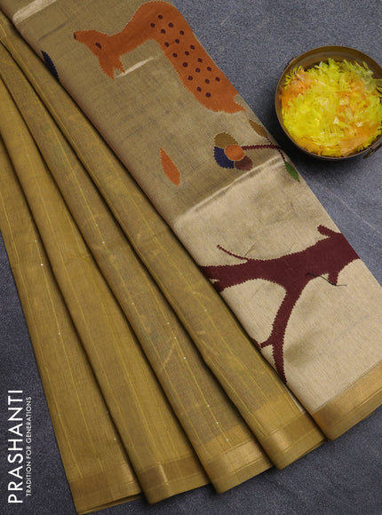 Art linen saree mustard yellow with allover sequence work and paithani weaving pallu