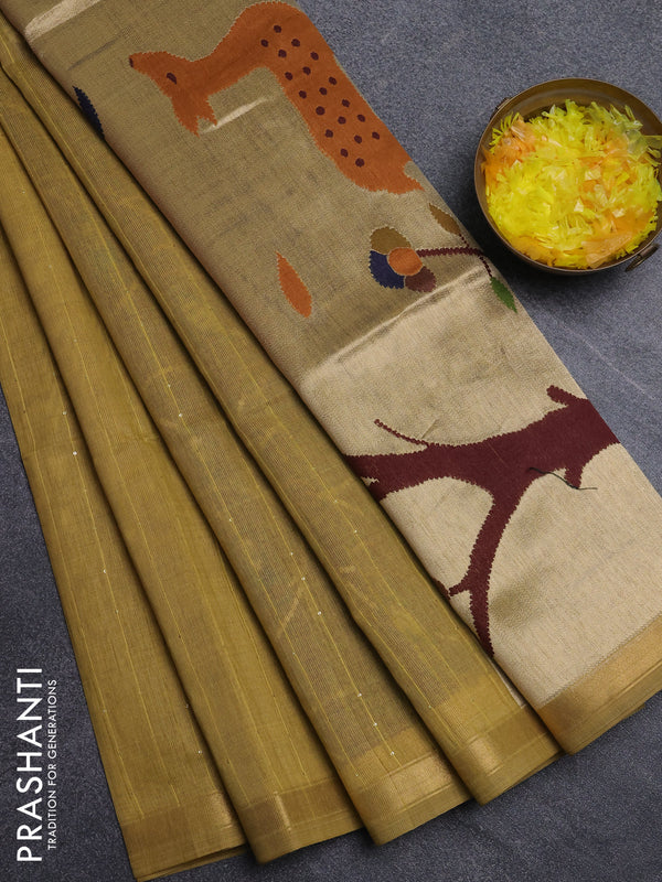 Art linen saree mustard yellow with allover sequence work and paithani weaving pallu
