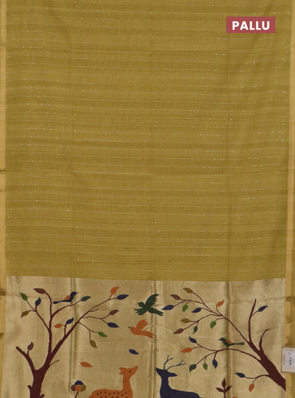 Art linen saree mustard yellow with allover sequence work and paithani weaving pallu
