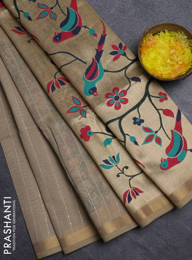 Art linen saree beige with allover sequence work and paithani weaving pallu