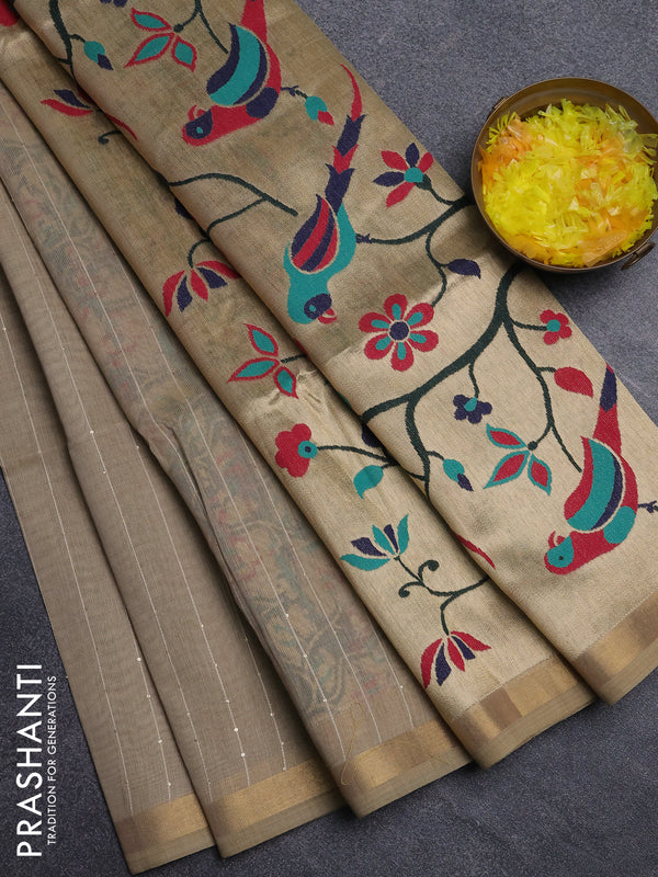 Art linen saree beige with allover sequence work and paithani weaving pallu