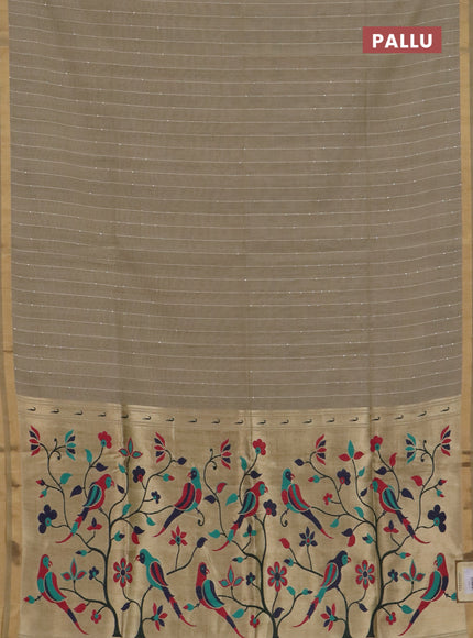 Art linen saree beige with allover sequence work and paithani weaving pallu