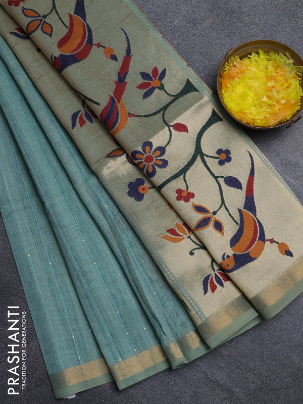 Art linen saree teal green with allover sequence work and paithani weaving pallu