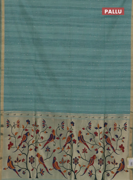 Art linen saree teal green with allover sequence work and paithani weaving pallu