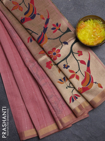 Art linen saree peach pink with allover sequence work and paithani weaving pallu