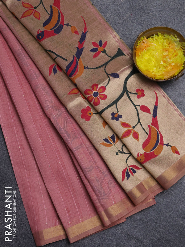 Art linen saree peach pink with allover sequence work and paithani weaving pallu